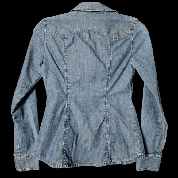 Guess Womens Blue Denim Jean Long Sleeve Western Fitted Snap Button Shirt Small - Picture 4 of 9
